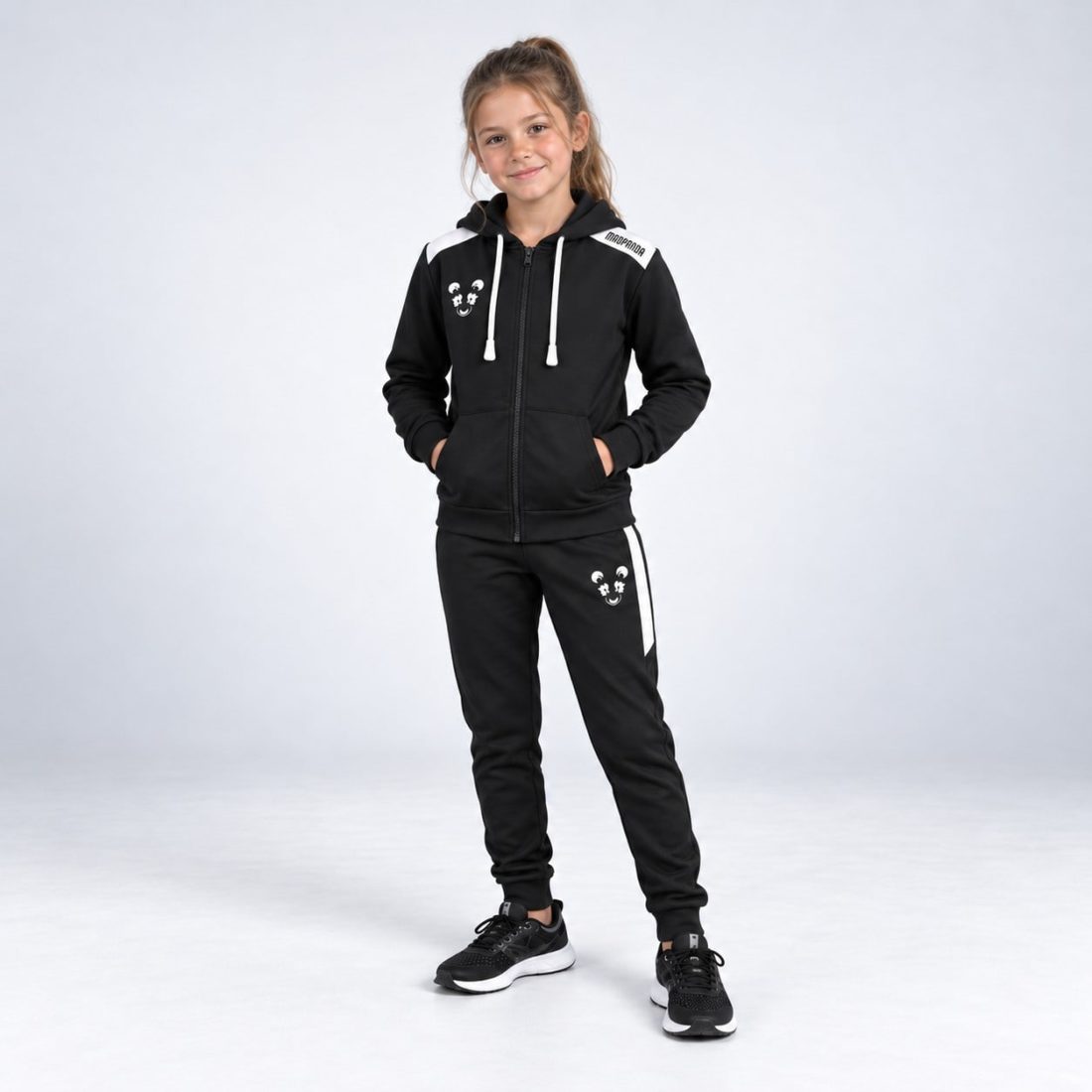 Survêtement Mad Panda noir et blanc porté, fille